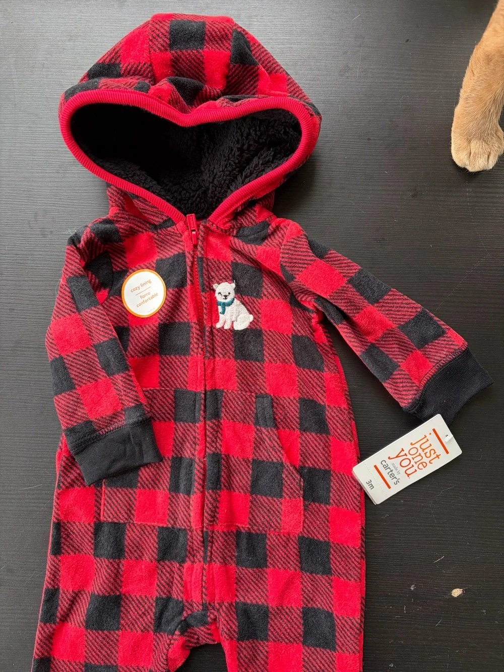 Red and Black Buffalo Plaid Hooded Baby Romper with Puppy Patch